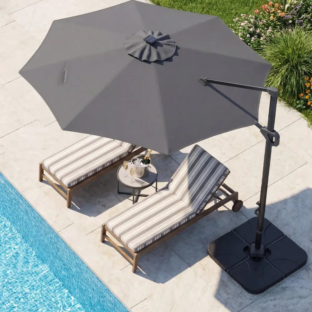 10 FT Cantilever Patio Umbrella with 35 Solar LED Lights and 220 LBS Base-Gray - Gray - Outdoor Umbrellas