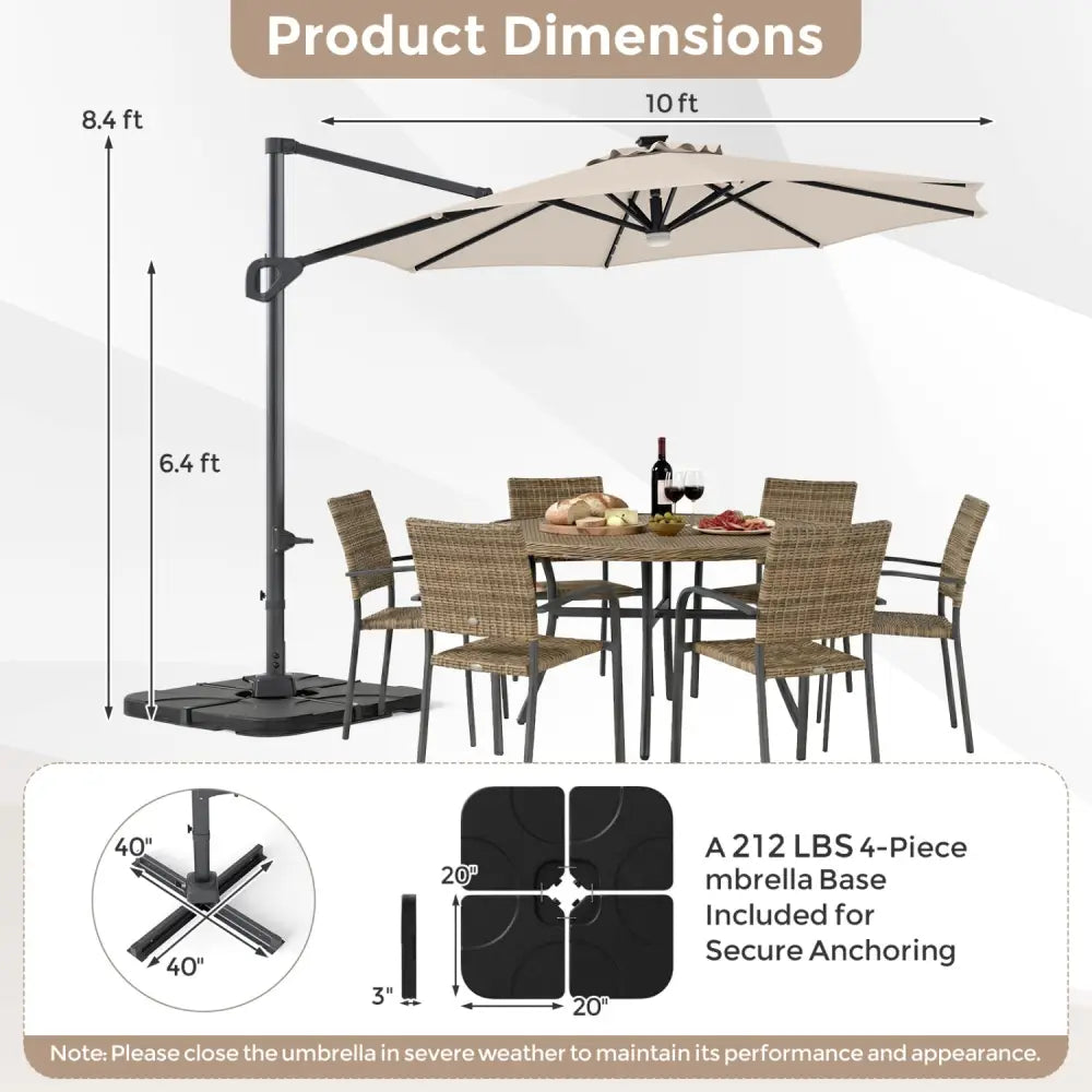10 FT Cantilever Patio Umbrella with 35 Solar LED Lights and 220 LBS Base-Beige - Beige - Outdoor Umbrellas