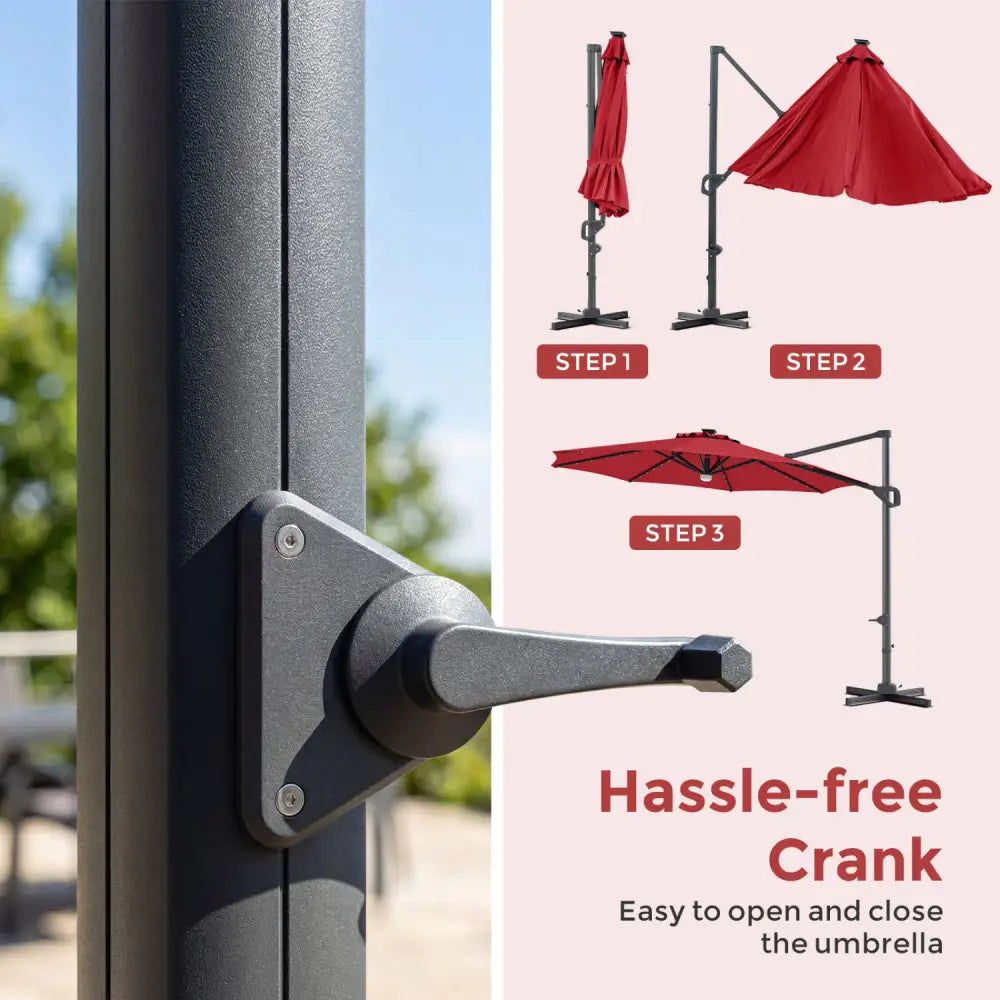 10 FT Cantilever Patio Umbrella with 35 Solar LED Lights and 220 LBS Base-Red - Red - Outdoor Umbrellas
