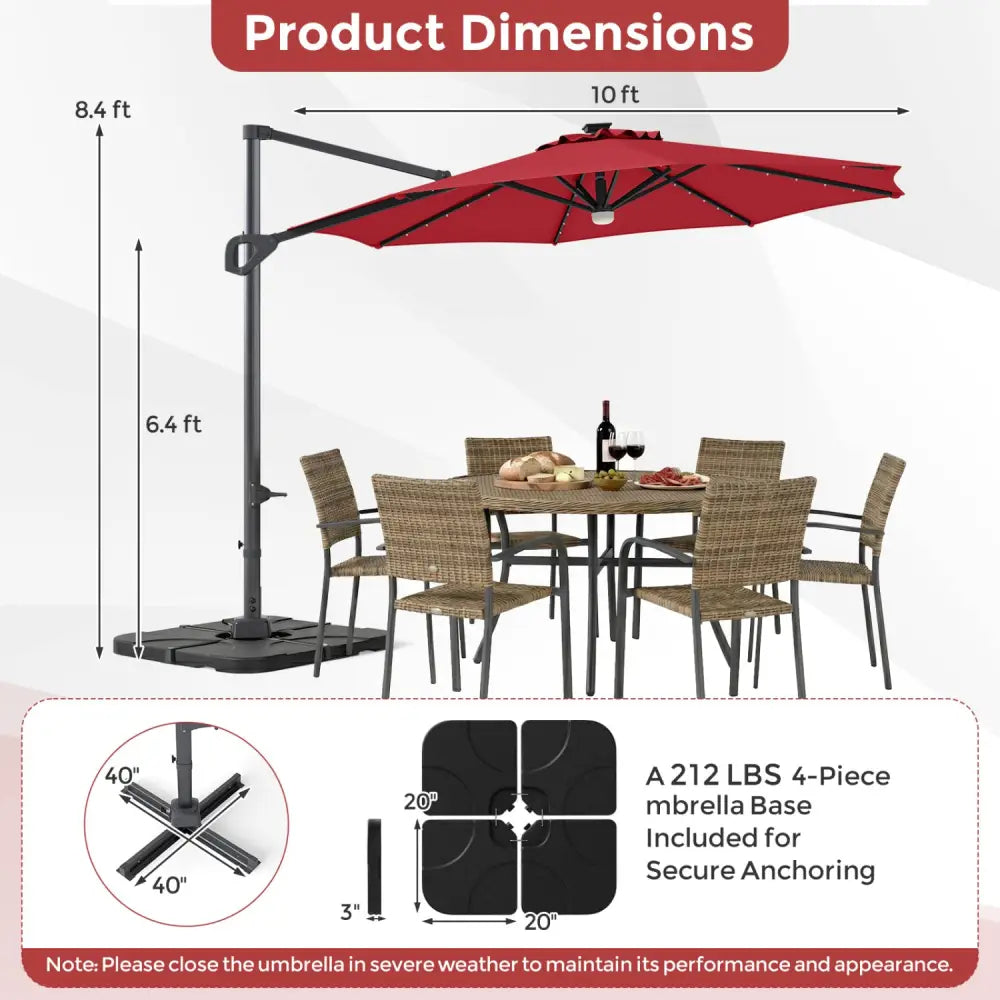 10 FT Cantilever Patio Umbrella with 35 Solar LED Lights and 220 LBS Base-Red - Red - Outdoor Umbrellas