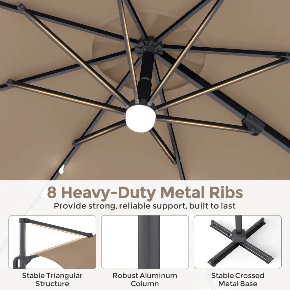 10 FT Cantilever Patio Umbrella with 35 Solar LED Lights and 220 LBS Base-Brown - Brown - Outdoor Umbrellas