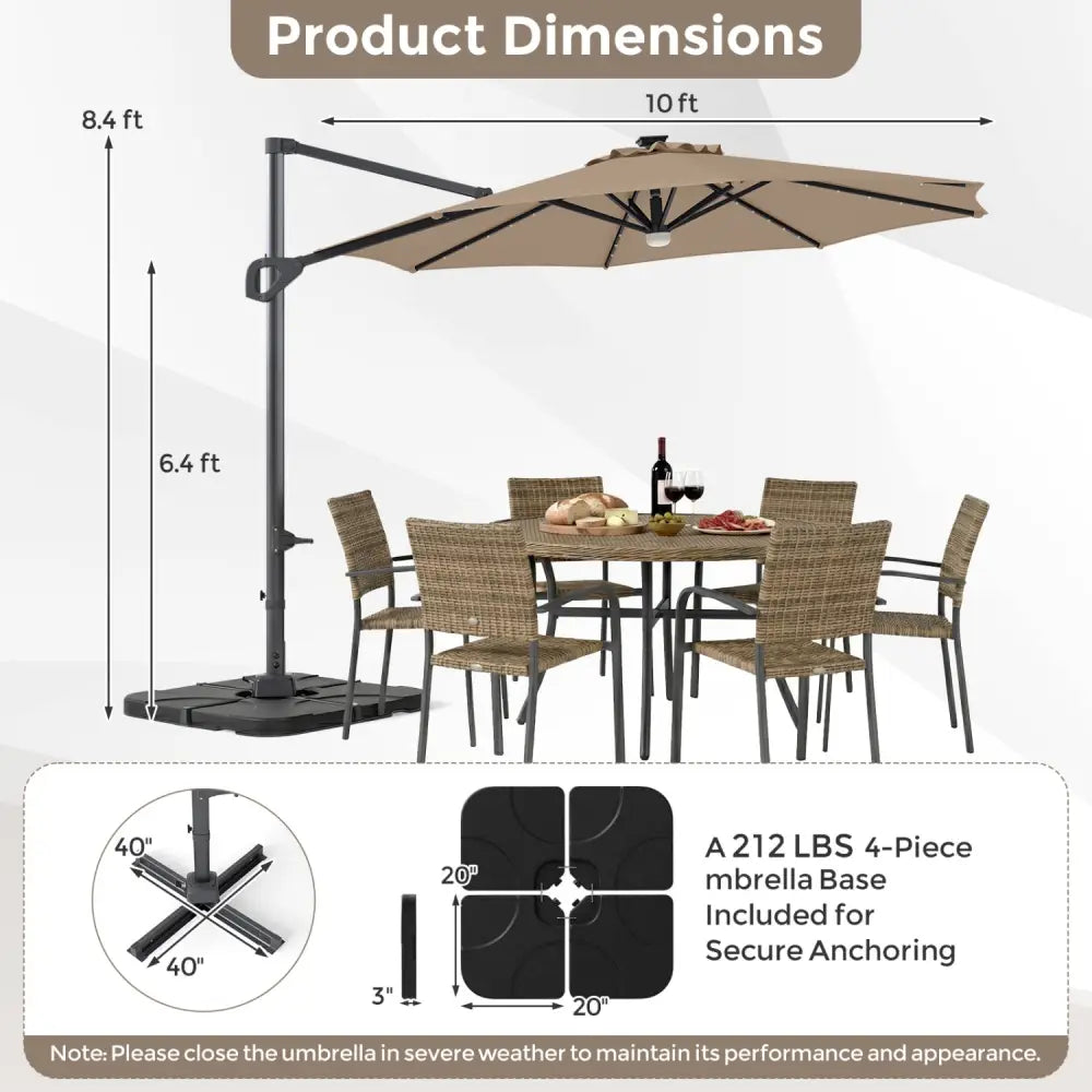 10 FT Cantilever Patio Umbrella with 35 Solar LED Lights and 220 LBS Base-Brown - Brown - Outdoor Umbrellas