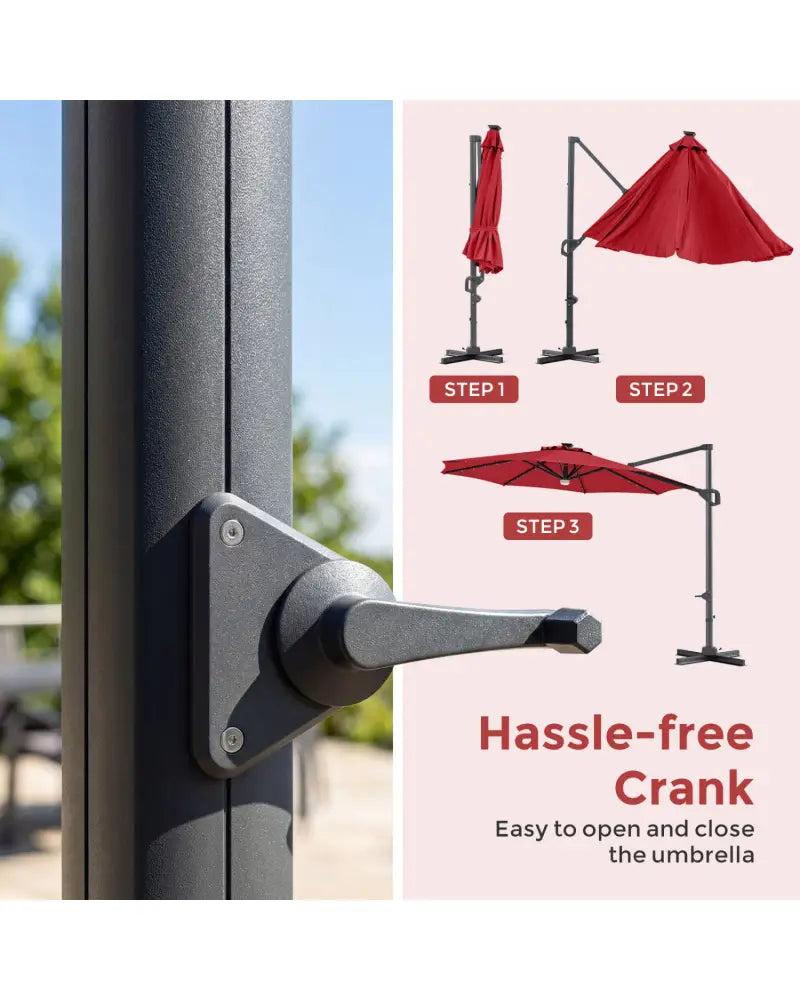 10 FT Cantilever Patio Umbrella with 35 Solar LED Lights and 220 LBS Base-Red - Red - Outdoor Umbrellas