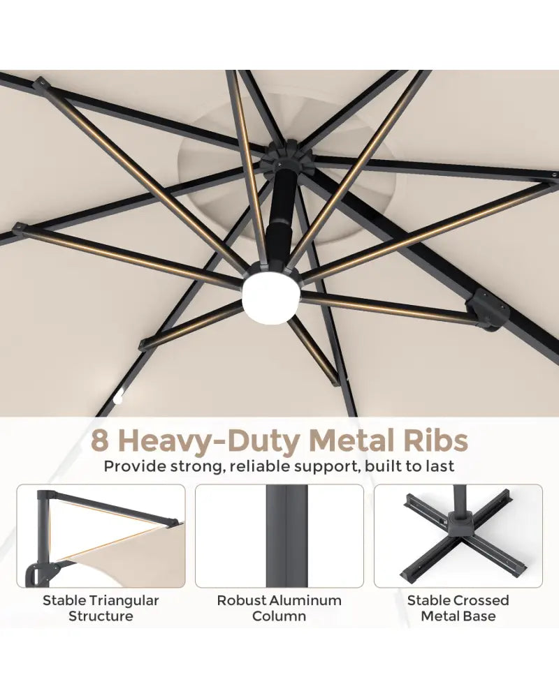 10 FT Cantilever Patio Umbrella with 35 Solar LED Lights and 220 LBS Base-Beige - Beige - Outdoor Umbrellas