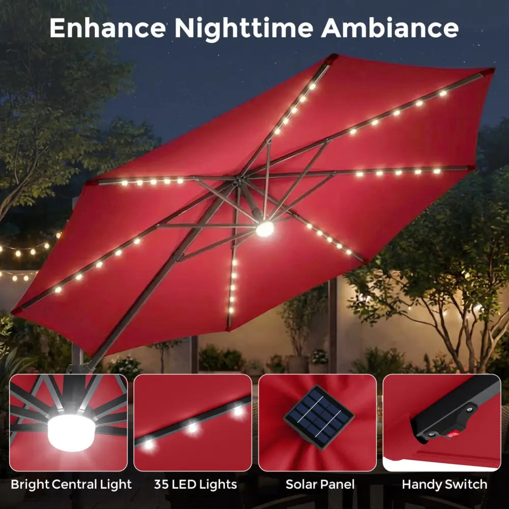 10 FT Cantilever Patio Umbrella with 35 Solar LED Lights and 220 LBS Base-Red - Red - Outdoor Umbrellas