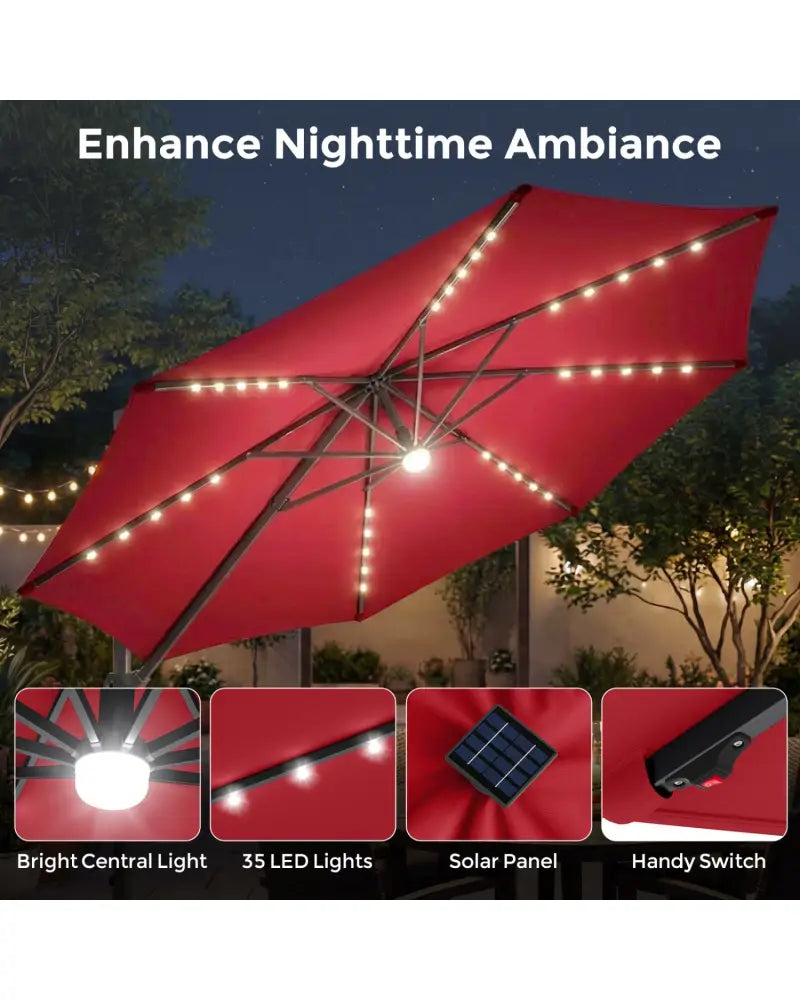 10 FT Cantilever Patio Umbrella with 35 Solar LED Lights and 220 LBS Base-Red - Red - Outdoor Umbrellas