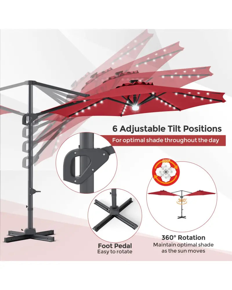 10 FT Cantilever Patio Umbrella with 35 Solar LED Lights and 220 LBS Base-Red - Red - Outdoor Umbrellas