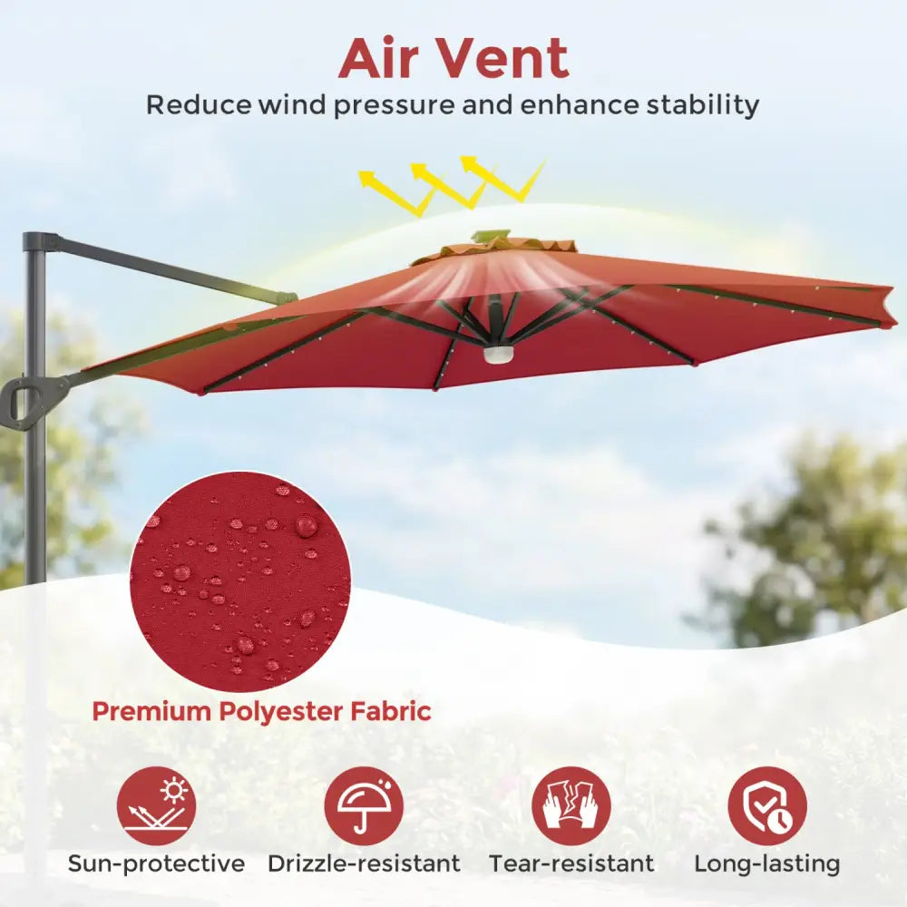 10 FT Cantilever Patio Umbrella with 35 Solar LED Lights and 220 LBS Base-Red - Red - Outdoor Umbrellas