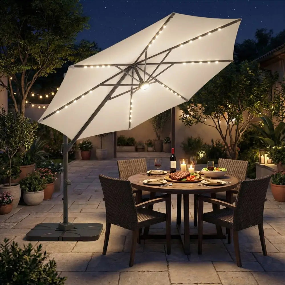 10 FT Cantilever Patio Umbrella with 35 Solar LED Lights and 220 LBS Base-Beige - Beige - Outdoor Umbrellas