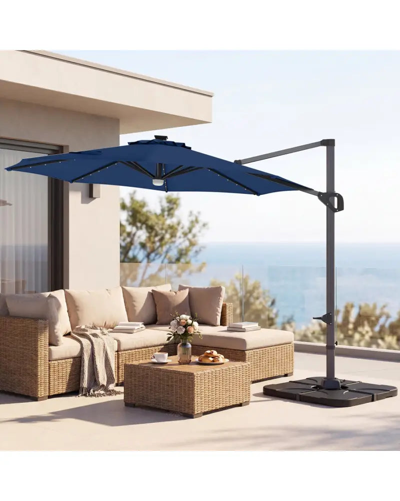 10 FT Cantilever Patio Umbrella with 35 Solar LED Lights and 220 LBS Base-Dark Blue - Dark Blue - Outdoor Umbrellas