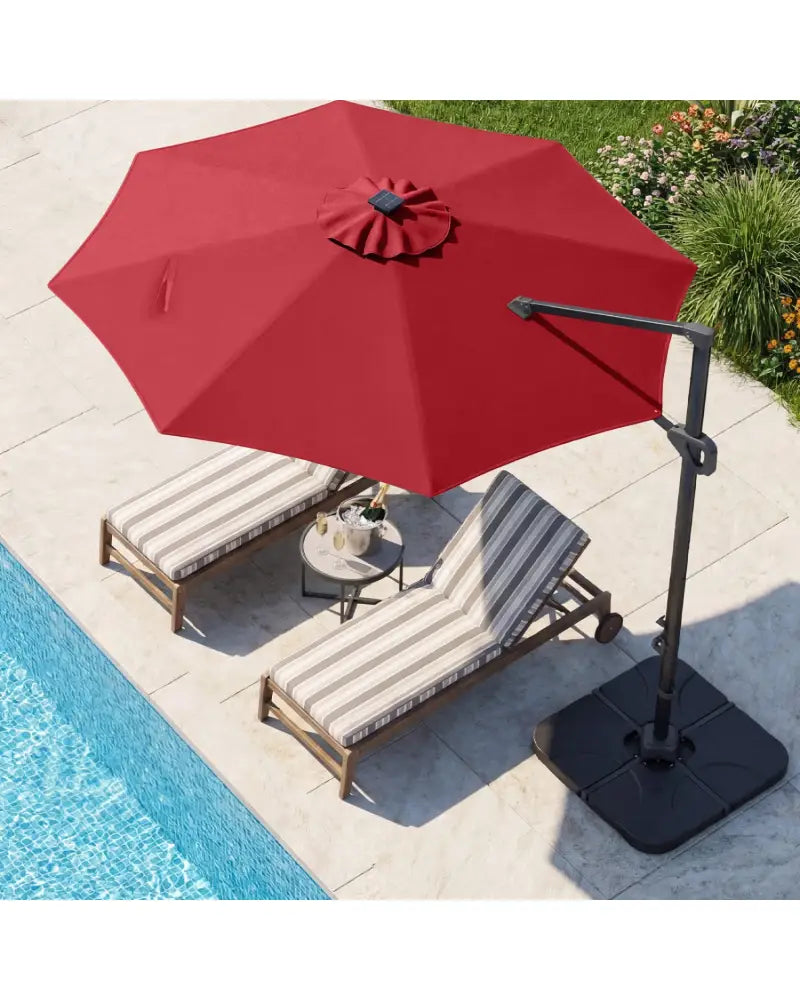 10 FT Cantilever Patio Umbrella with 35 Solar LED Lights and 220 LBS Base-Red - Red - Outdoor Umbrellas