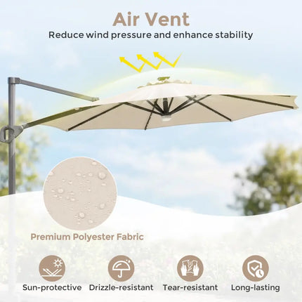 10 FT Cantilever Patio Umbrella with 35 Solar LED Lights and 220 LBS Base-Beige - Beige - Outdoor Umbrellas