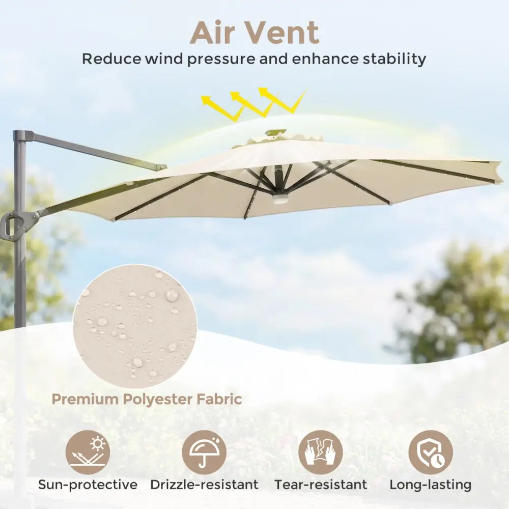 10 FT Cantilever Patio Umbrella with 35 Solar LED Lights and 220 LBS Base-Beige - Beige - Outdoor Umbrellas