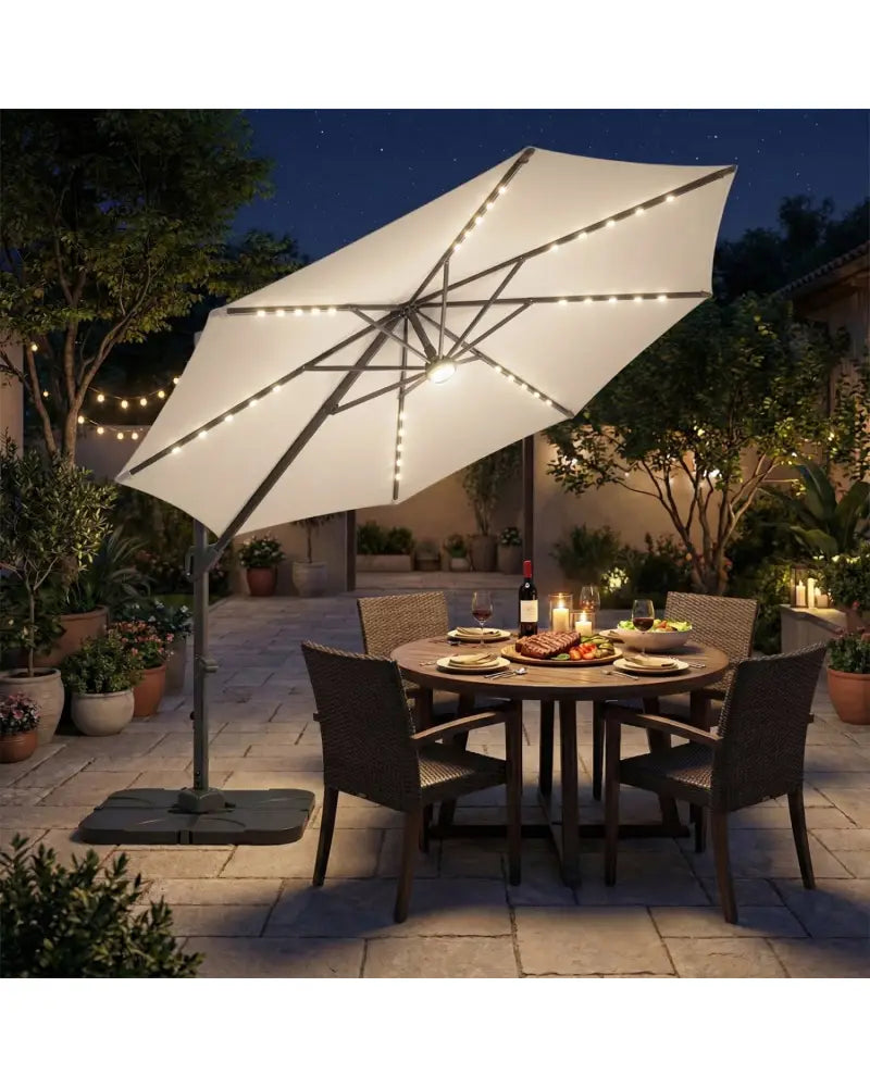 10 FT Cantilever Patio Umbrella with 35 Solar LED Lights and 220 LBS Base-Beige - Beige - Outdoor Umbrellas