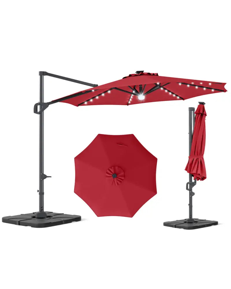 10 FT Cantilever Patio Umbrella with 35 Solar LED Lights and 220 LBS Base-Red - Red - Outdoor Umbrellas