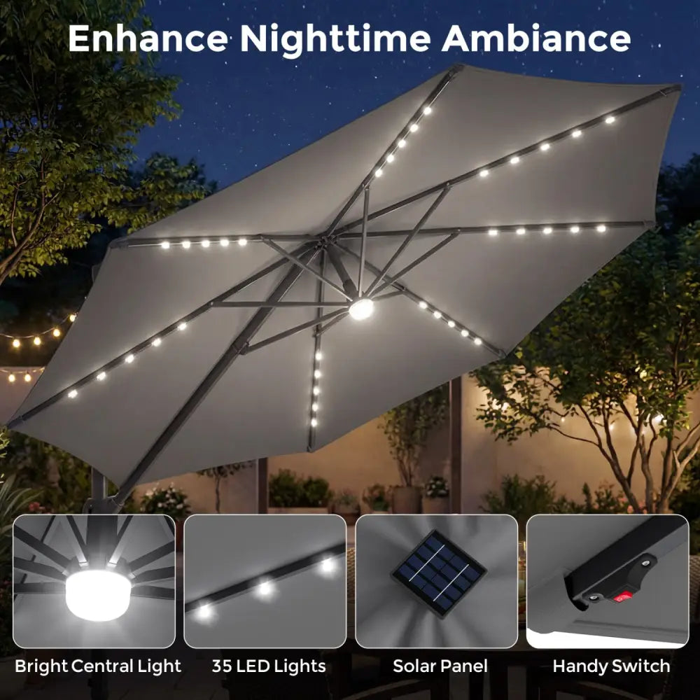 10 FT Cantilever Patio Umbrella with 35 Solar LED Lights and 220 LBS Base-Gray - Gray - Outdoor Umbrellas