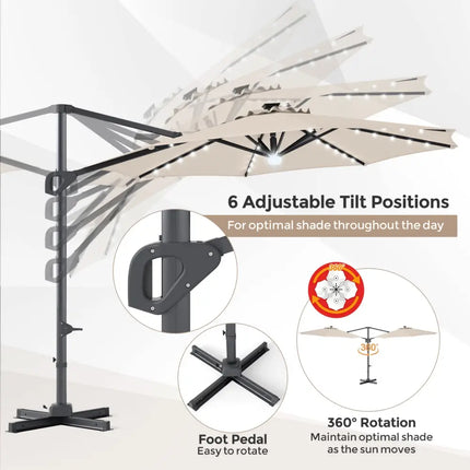 10 FT Cantilever Patio Umbrella with 35 Solar LED Lights and 220 LBS Base-Beige - Beige - Outdoor Umbrellas