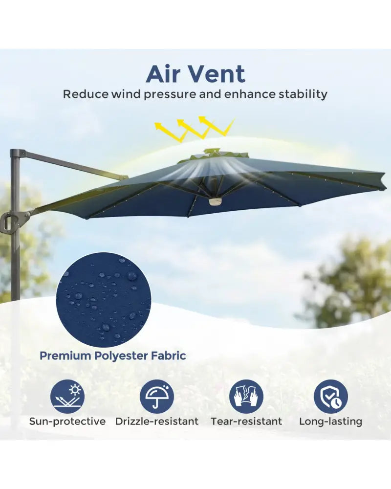 10 FT Cantilever Patio Umbrella with 35 Solar LED Lights and 220 LBS Base-Dark Blue - Dark Blue - Outdoor Umbrellas
