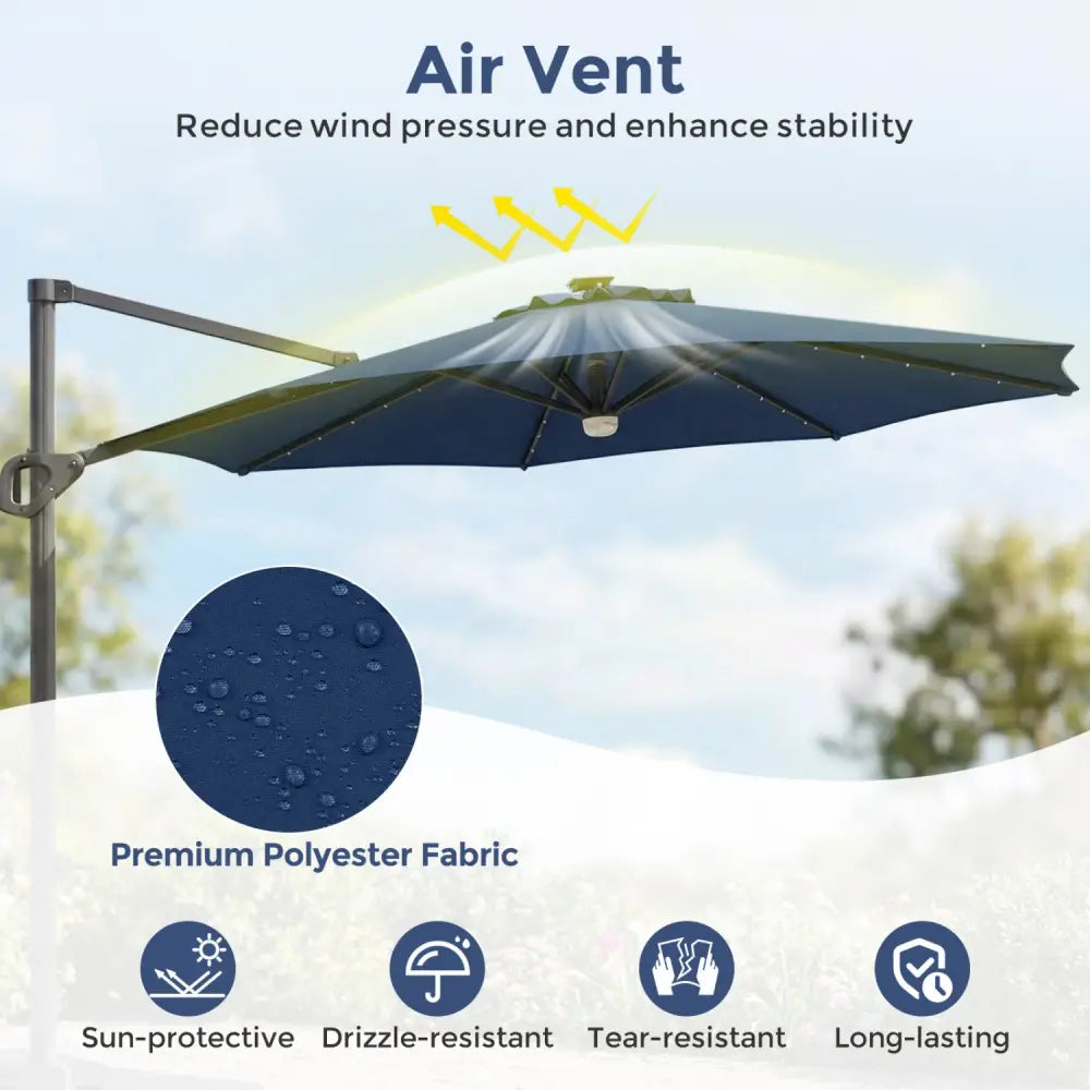 10 FT Cantilever Patio Umbrella with 35 Solar LED Lights and 220 LBS Base-Dark Blue - Dark Blue - Outdoor Umbrellas