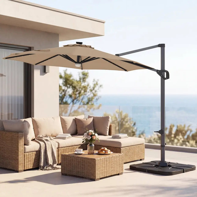 10 FT Cantilever Patio Umbrella with 35 Solar LED Lights and 220 LBS Base-Brown - Brown - Outdoor Umbrellas