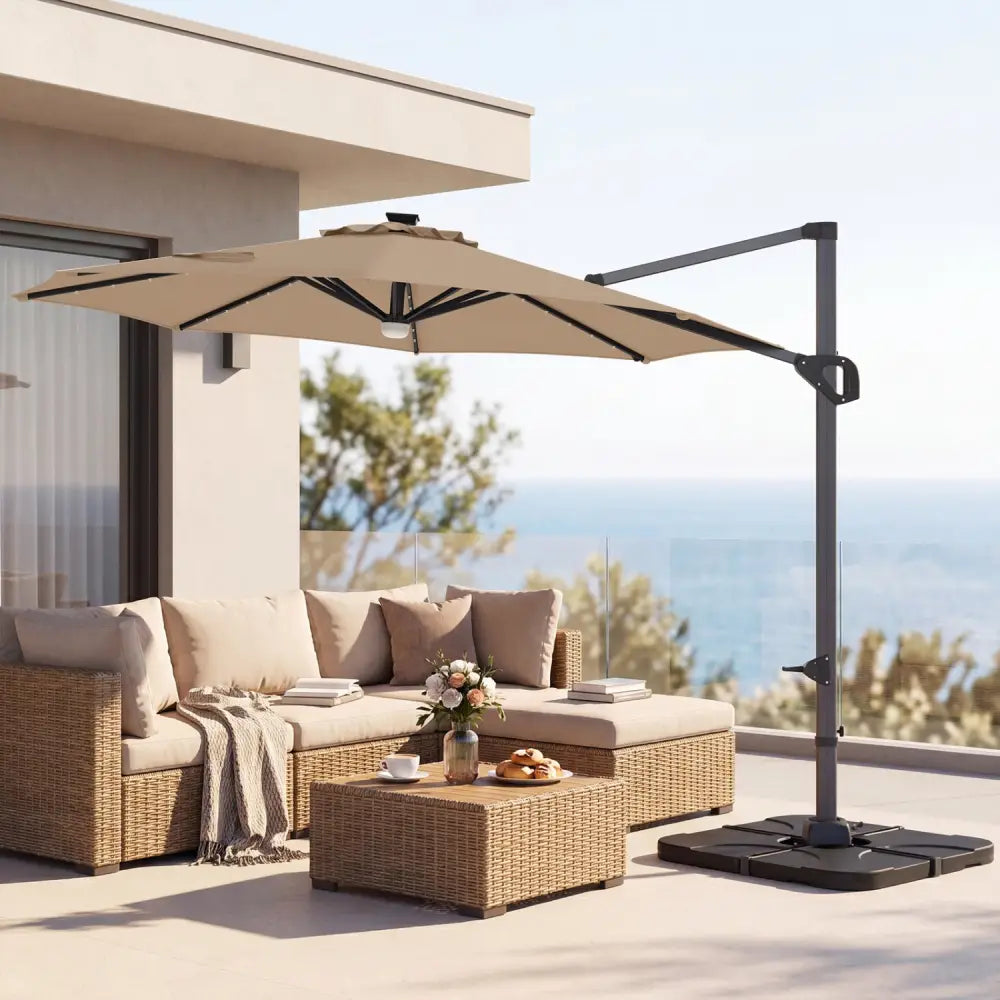 10 FT Cantilever Patio Umbrella with 35 Solar LED Lights and 220 LBS Base-Brown - Brown - Outdoor Umbrellas