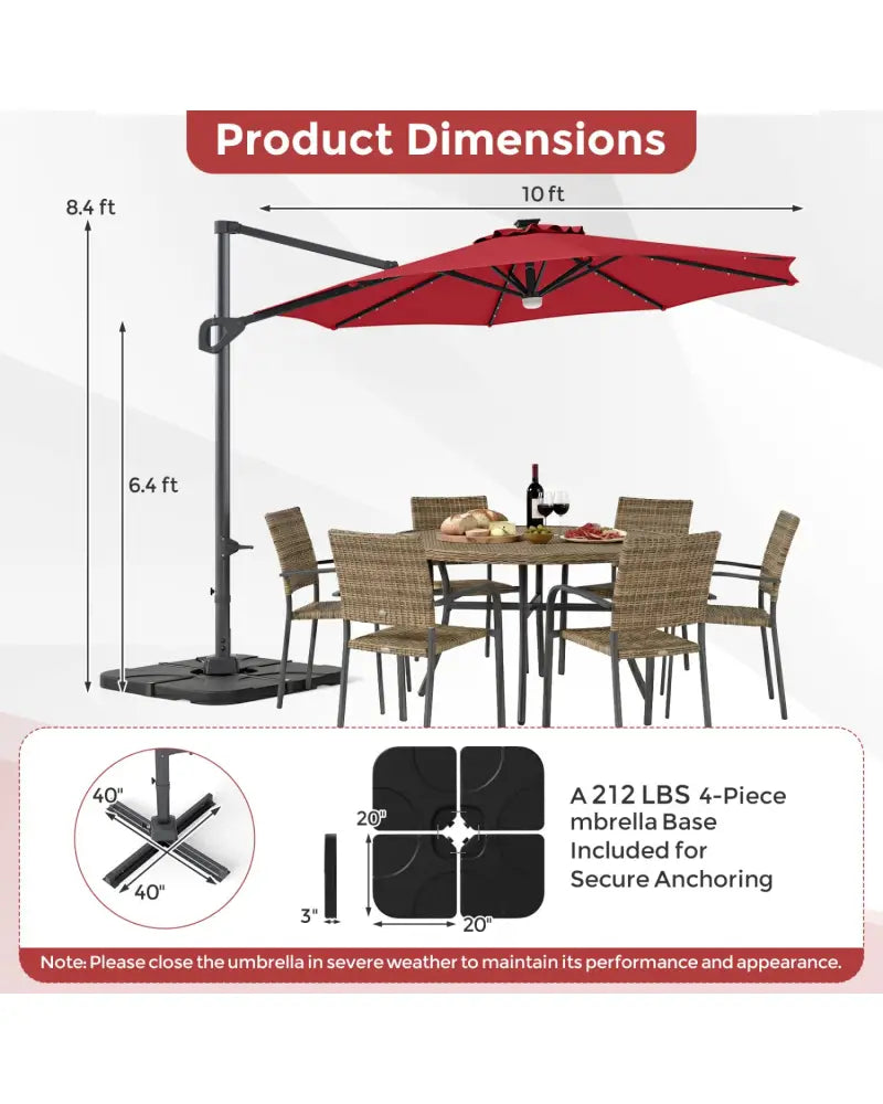 10 FT Cantilever Patio Umbrella with 35 Solar LED Lights and 220 LBS Base-Red - Red - Outdoor Umbrellas