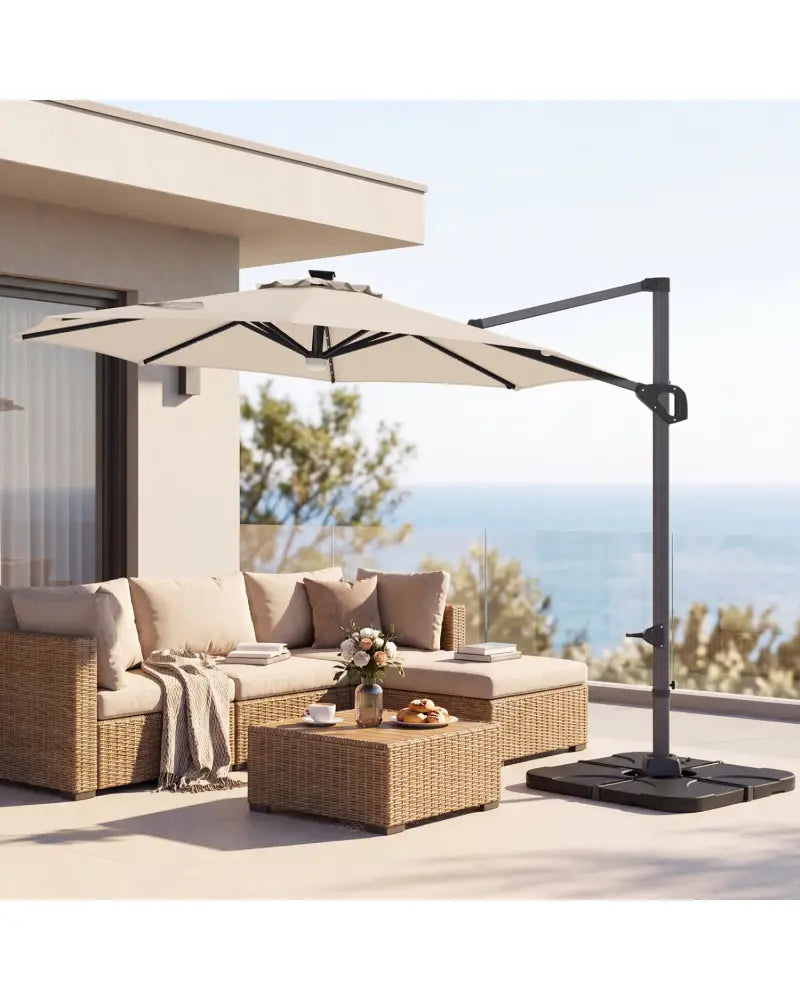 10 FT Cantilever Patio Umbrella with 35 Solar LED Lights and 220 LBS Base-Beige - Beige - Outdoor Umbrellas
