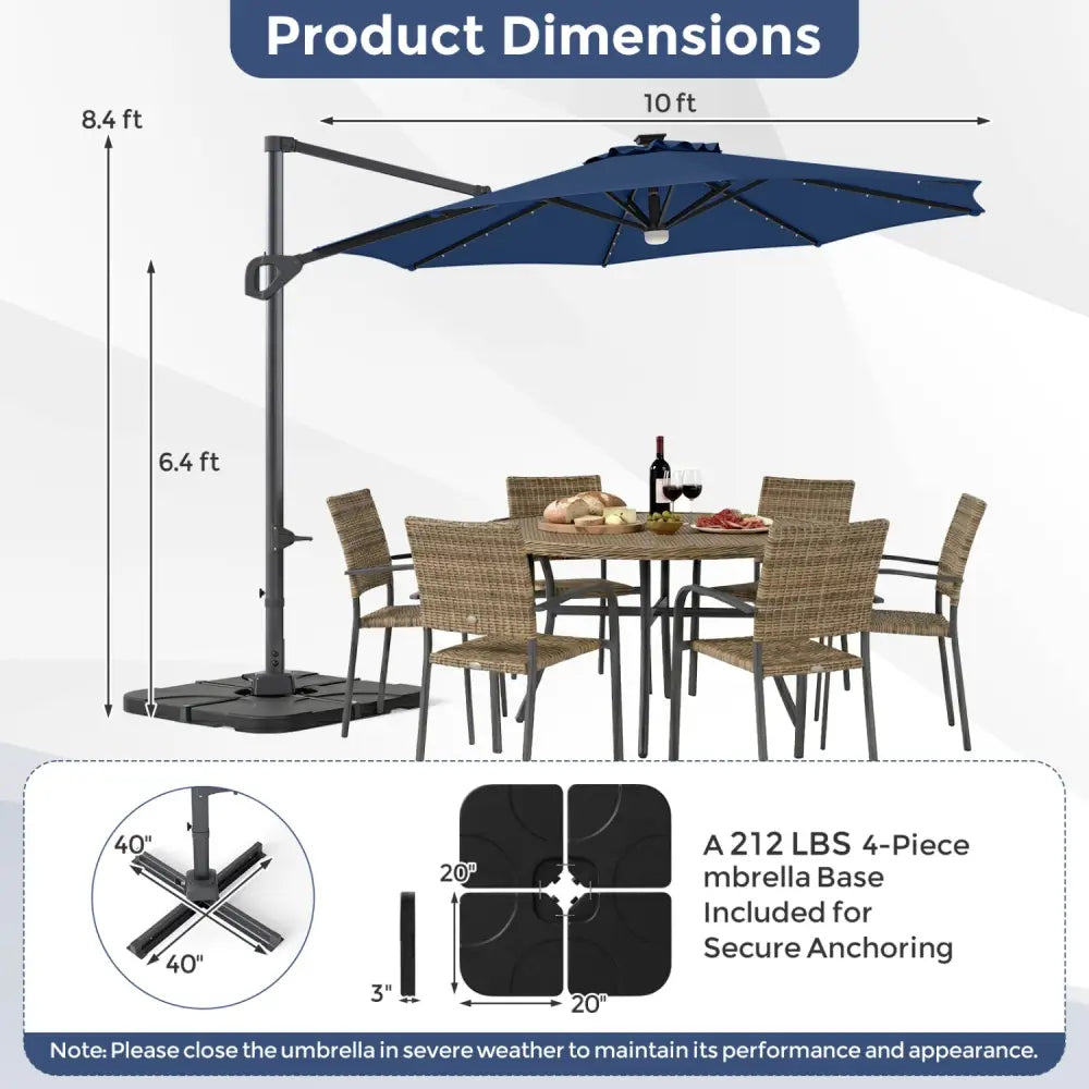 10 FT Cantilever Patio Umbrella with 35 Solar LED Lights and 220 LBS Base-Dark Blue - Dark Blue - Outdoor Umbrellas