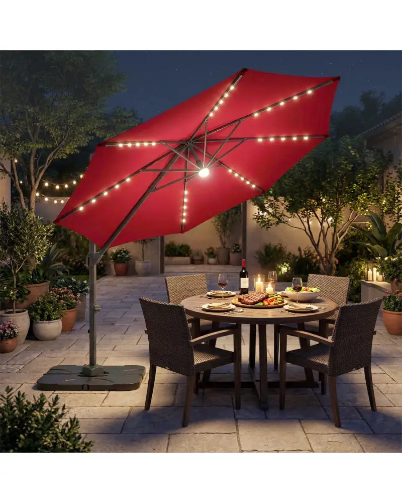 10 FT Cantilever Patio Umbrella with 35 Solar LED Lights and 220 LBS Base-Red - Red - Outdoor Umbrellas