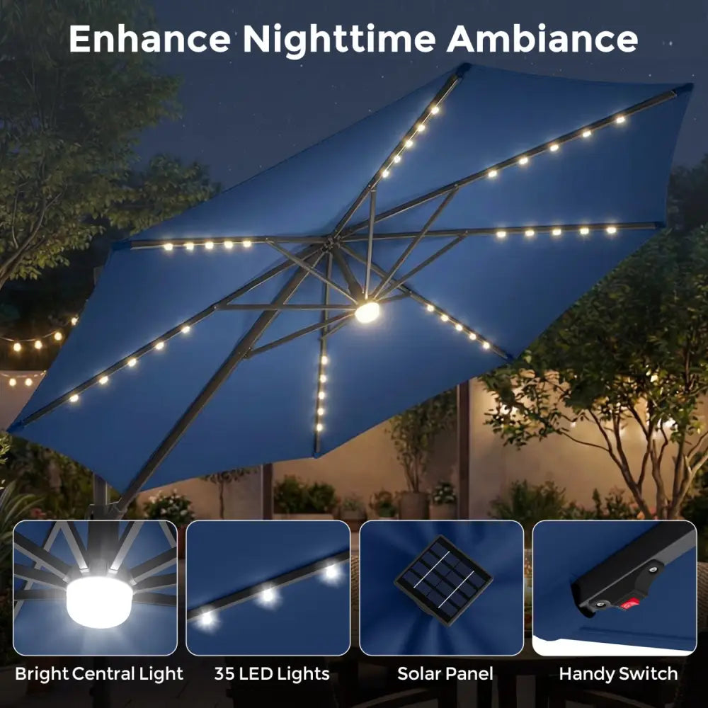 10 FT Cantilever Patio Umbrella with 35 Solar LED Lights and 220 LBS Base-Dark Blue - Dark Blue - Outdoor Umbrellas