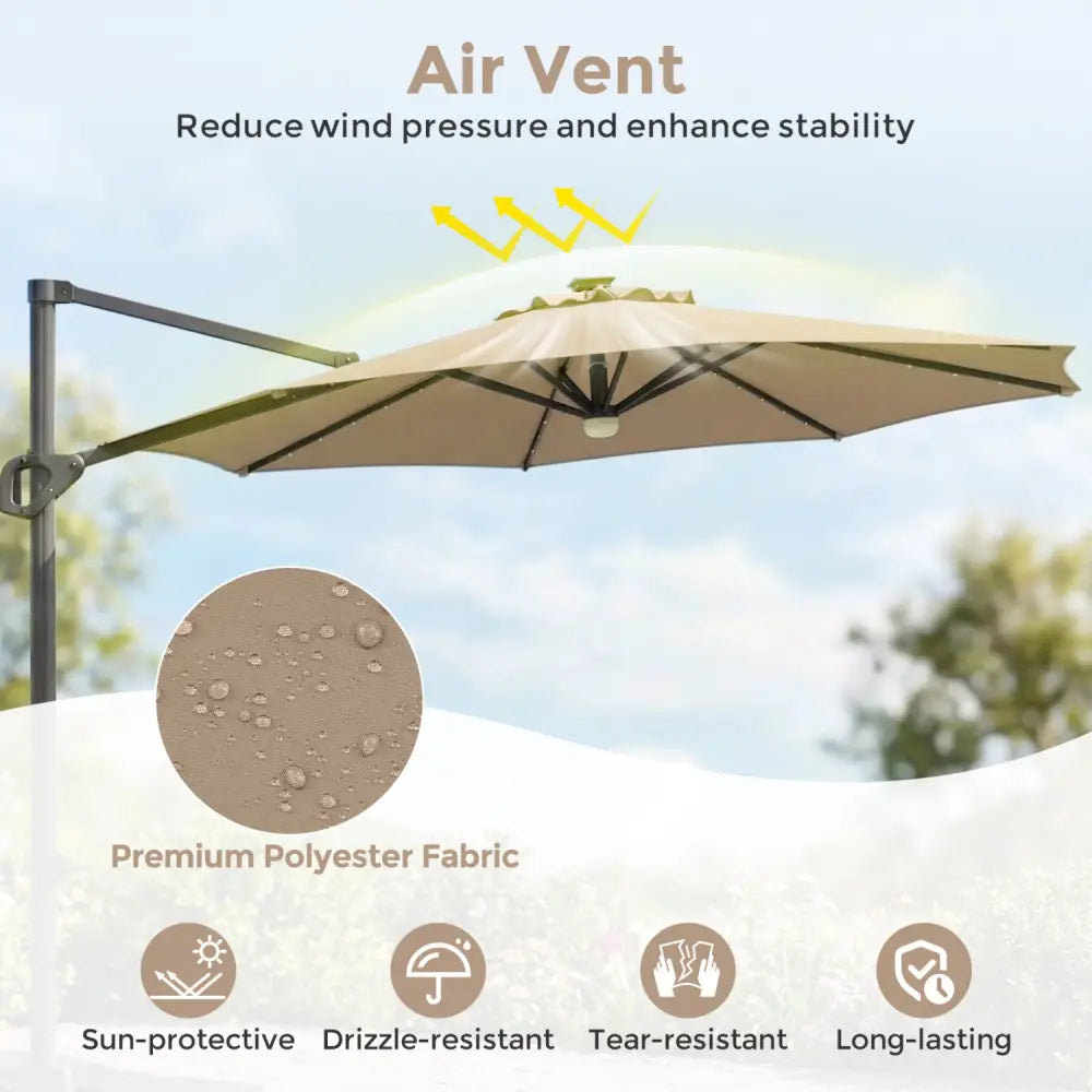 10 FT Cantilever Patio Umbrella with 35 Solar LED Lights and 220 LBS Base-Brown - Brown - Outdoor Umbrellas