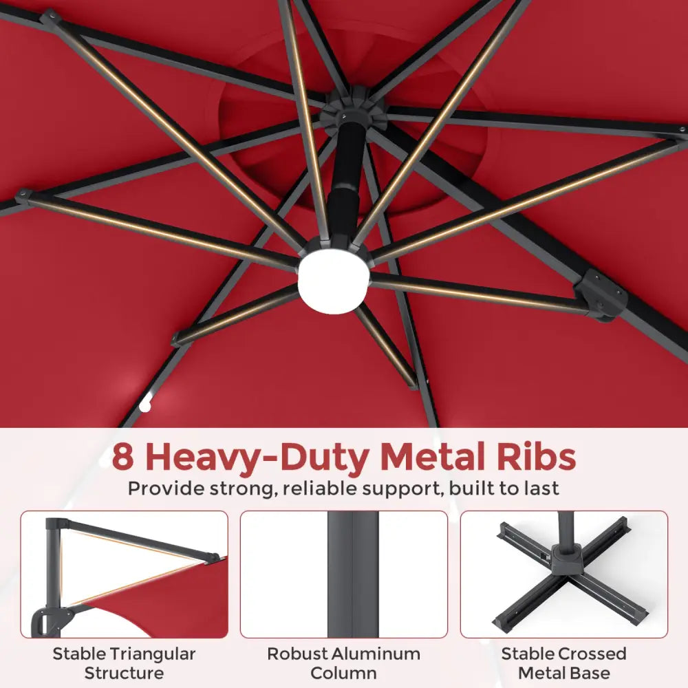 10 FT Cantilever Patio Umbrella with 35 Solar LED Lights and 220 LBS Base-Red - Red - Outdoor Umbrellas