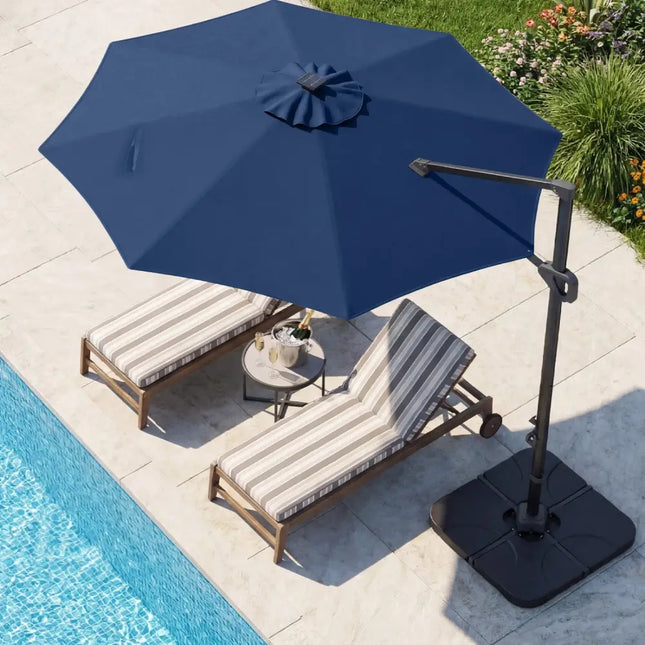 10 FT Cantilever Patio Umbrella with 35 Solar LED Lights and 220 LBS Base-Dark Blue - Dark Blue - Outdoor Umbrellas