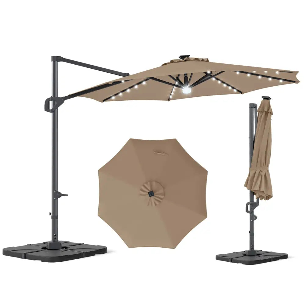 10 FT Cantilever Patio Umbrella with 35 Solar LED Lights and 220 LBS Base-Brown - Brown - Outdoor Umbrellas