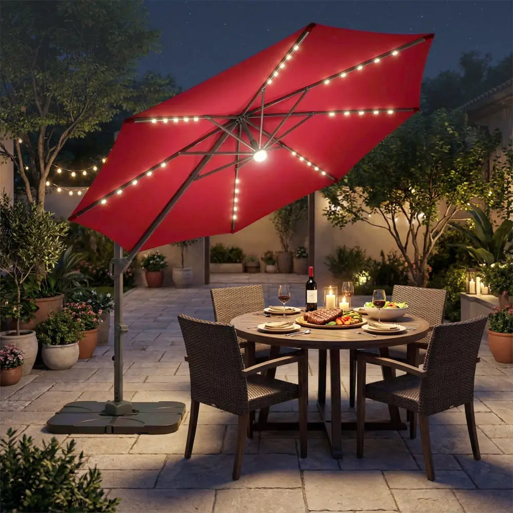 10 FT Cantilever Patio Umbrella with 35 Solar LED Lights and 220 LBS Base-Red - Red - Outdoor Umbrellas