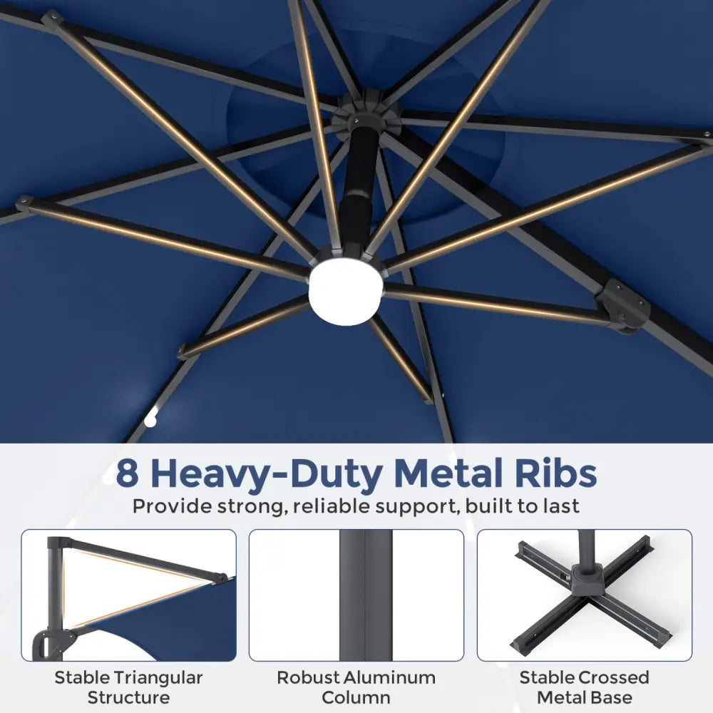 10 FT Cantilever Patio Umbrella with 35 Solar LED Lights and 220 LBS Base-Dark Blue - Dark Blue - Outdoor Umbrellas
