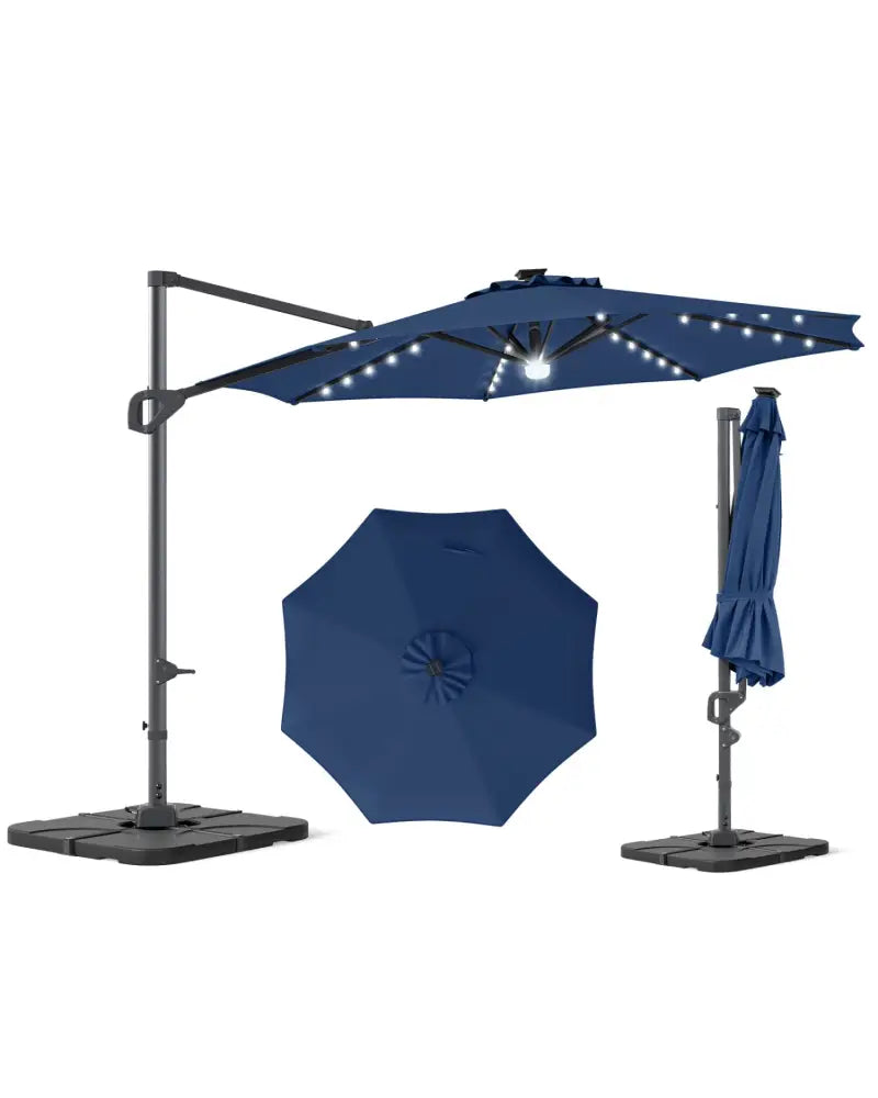 10 FT Cantilever Patio Umbrella with 35 Solar LED Lights and 220 LBS Base-Dark Blue - Dark Blue - Outdoor Umbrellas