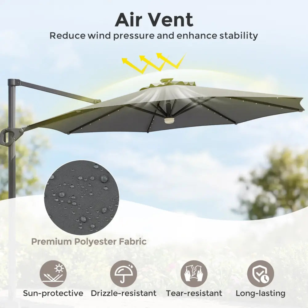 10 FT Cantilever Patio Umbrella with 35 Solar LED Lights and 220 LBS Base-Gray - Gray - Outdoor Umbrellas