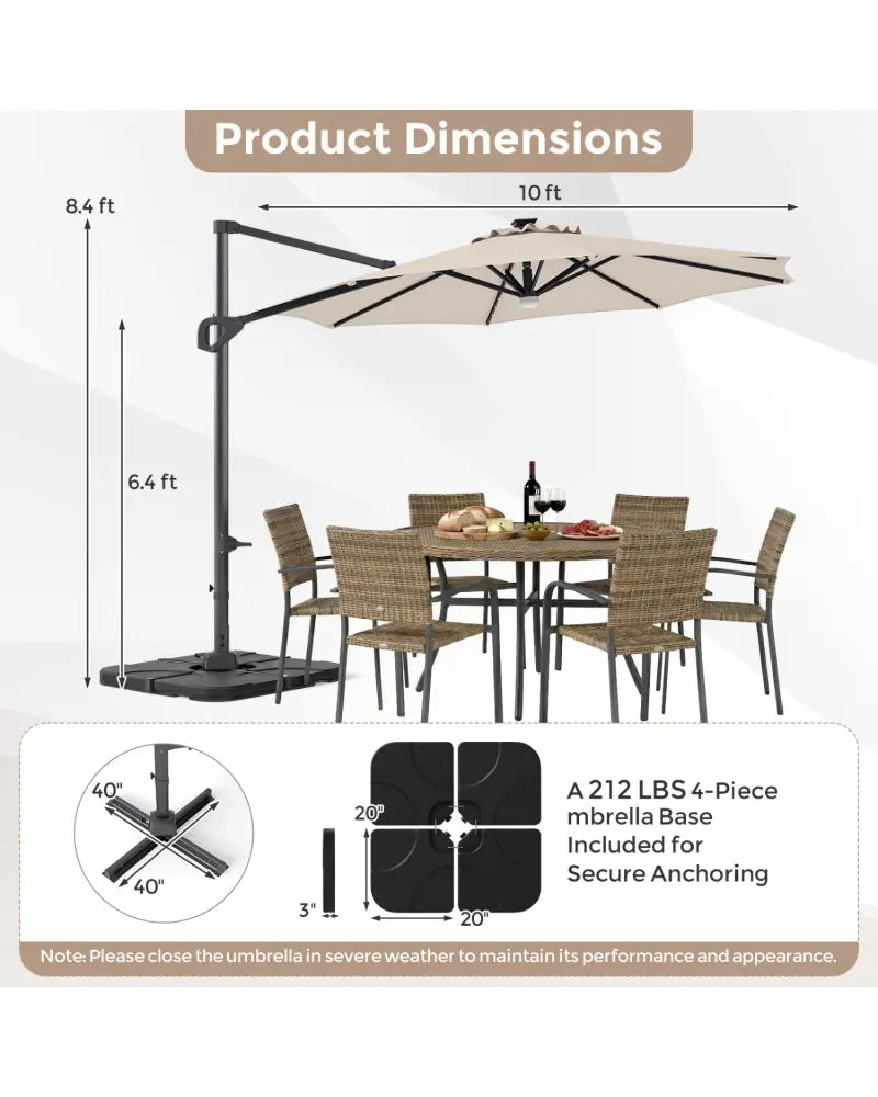 10 FT Cantilever Patio Umbrella with 35 Solar LED Lights and 220 LBS Base-Beige - Beige - Outdoor Umbrellas