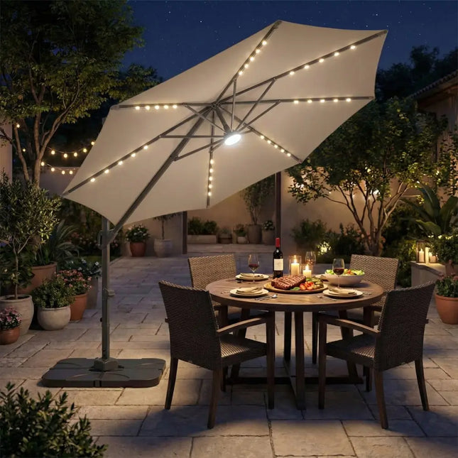 10 FT Cantilever Patio Umbrella with 35 Solar LED Lights and 220 LBS Base-Brown - Brown - Outdoor Umbrellas