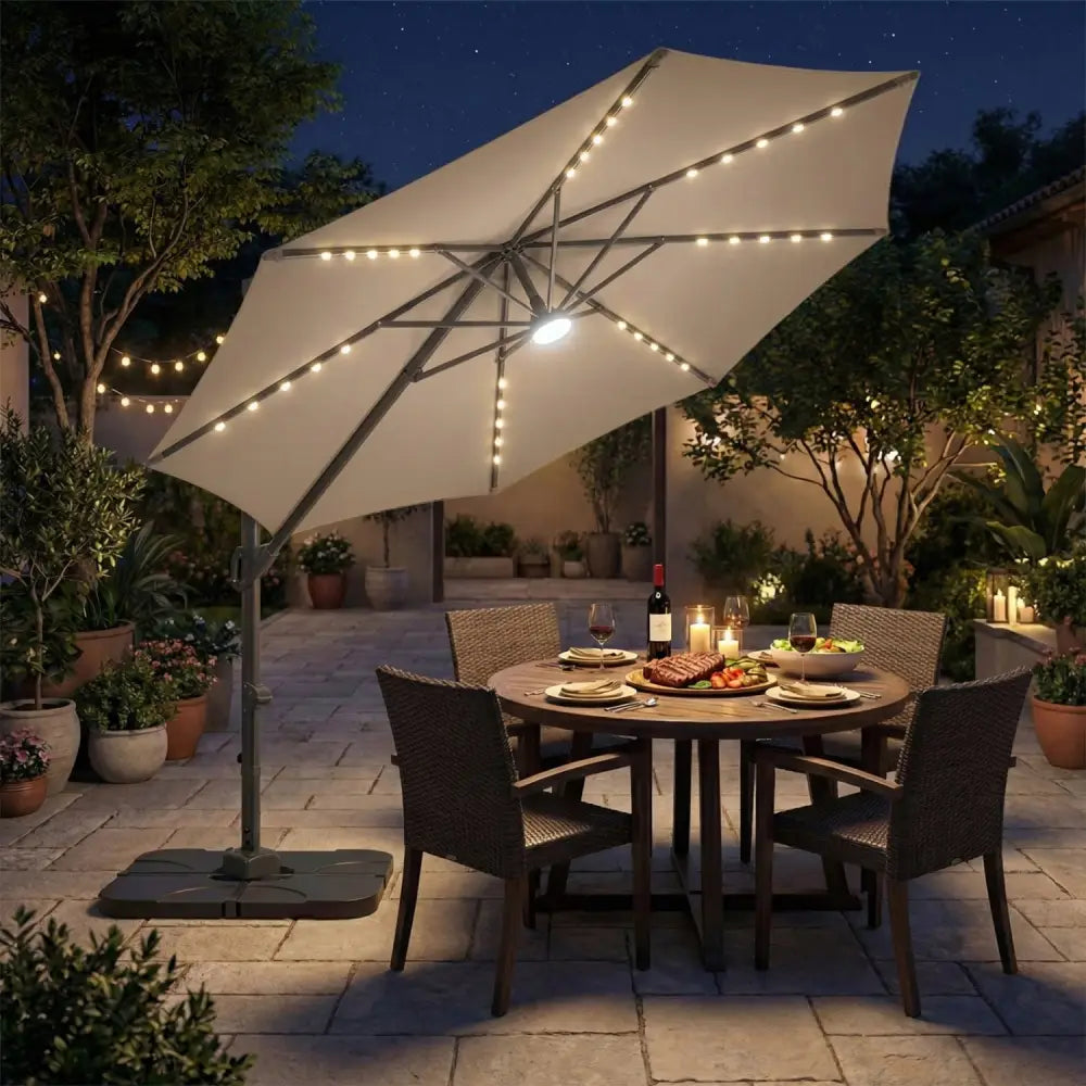 10 FT Cantilever Patio Umbrella with 35 Solar LED Lights and 220 LBS Base-Brown - Brown - Outdoor Umbrellas
