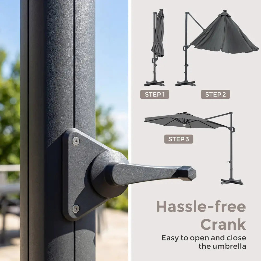 10 FT Cantilever Patio Umbrella with 35 Solar LED Lights and 220 LBS Base-Gray - Gray - Outdoor Umbrellas