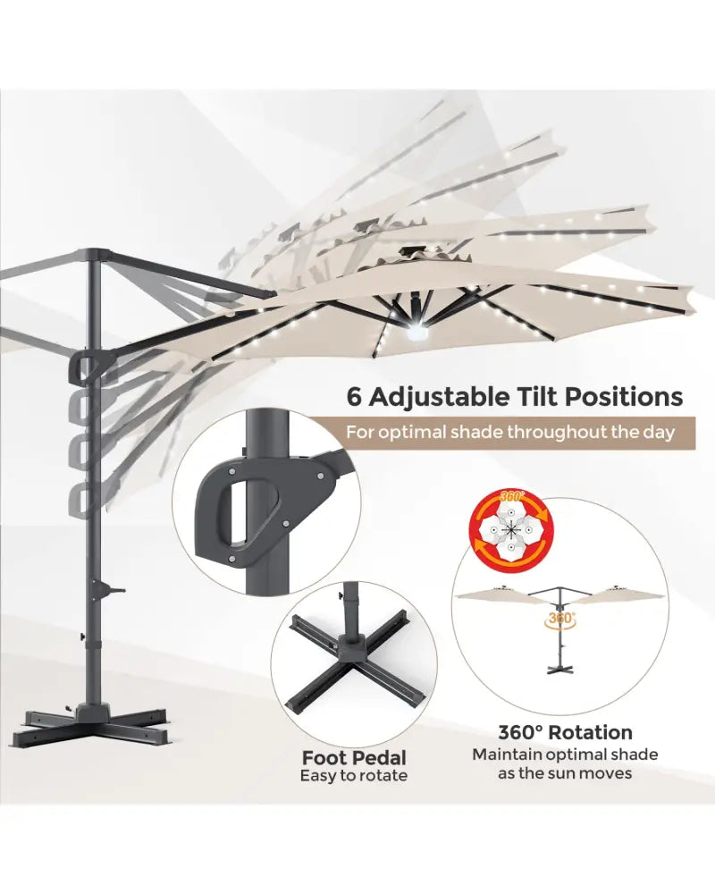 10 FT Cantilever Patio Umbrella with 35 Solar LED Lights and 220 LBS Base-Beige - Beige - Outdoor Umbrellas