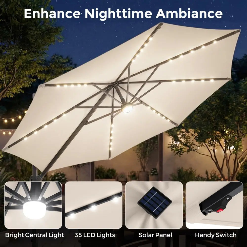 10 FT Cantilever Patio Umbrella with 35 Solar LED Lights and 220 LBS Base-Beige - Beige - Outdoor Umbrellas
