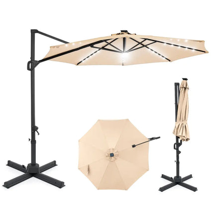10 FT Cantilever Patio Umbrella with Solar LED Lights 360° Rotation-Beige - Beige - Outdoor Umbrellas