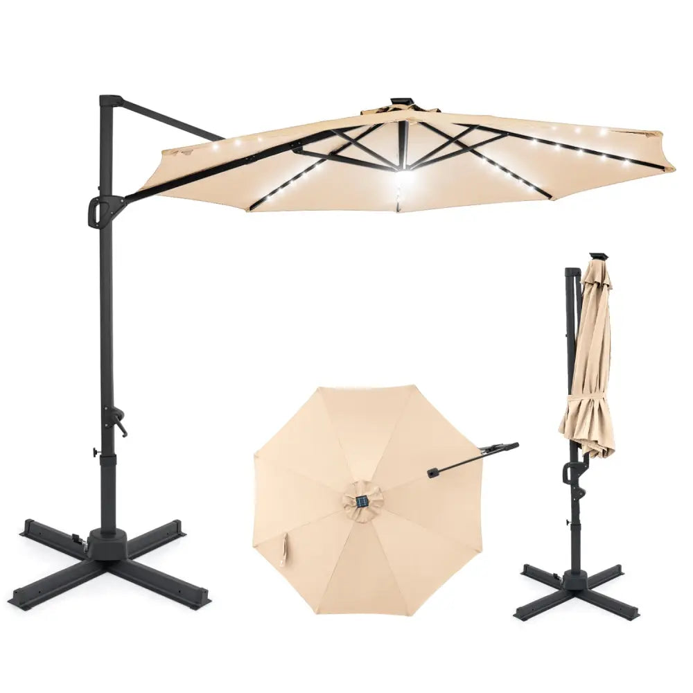 10 FT Cantilever Patio Umbrella with Solar LED Lights 360° Rotation-Beige - Beige - Outdoor Umbrellas