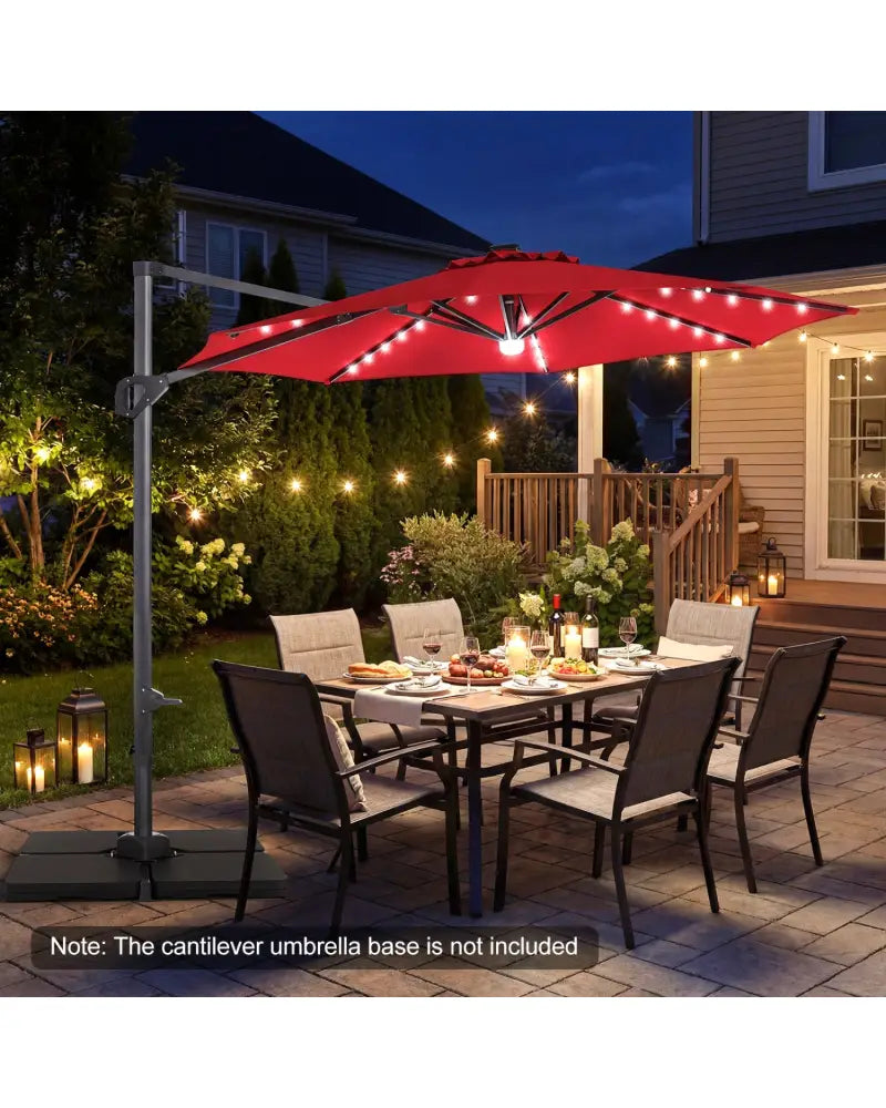10 FT Cantilever Patio Umbrella with Solar LED Lights 360° Rotation-Wine - Wine - Outdoor Umbrellas