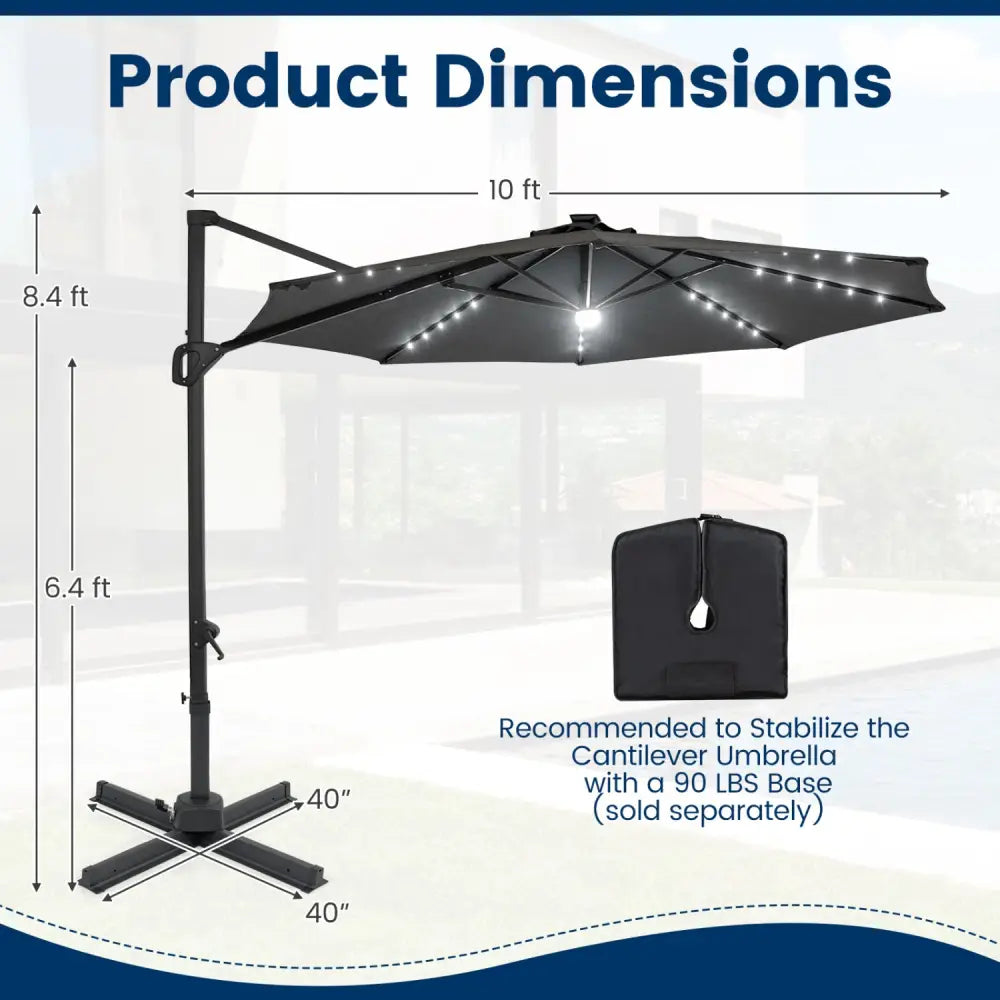 10 FT Cantilever Patio Umbrella with Solar LED Lights 360° Rotation-Gray - Gray - Outdoor Umbrellas