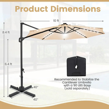 10 FT Cantilever Patio Umbrella with Solar LED Lights 360° Rotation-Beige - Beige - Outdoor Umbrellas