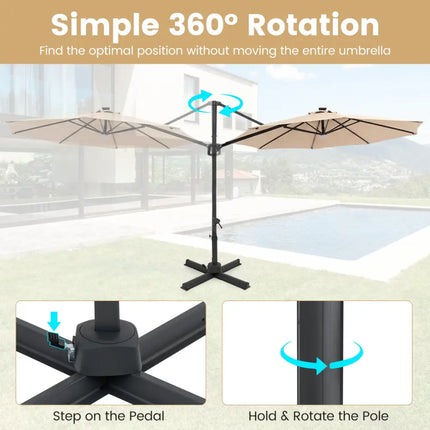 10 FT Cantilever Patio Umbrella with Solar LED Lights 360° Rotation-Beige - Beige - Outdoor Umbrellas